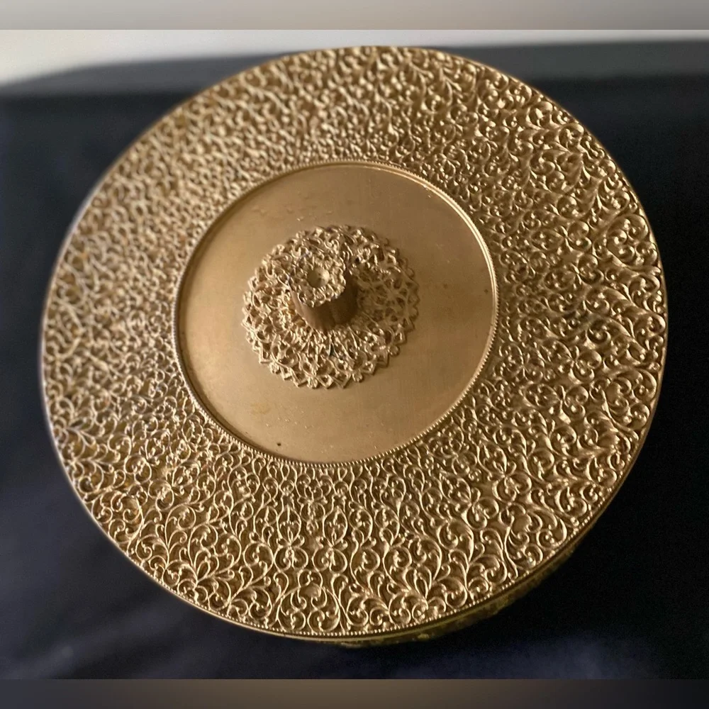 Vintage MCM Ornate Gold Hollywood Regency Round Lidded Storage Sewing Box